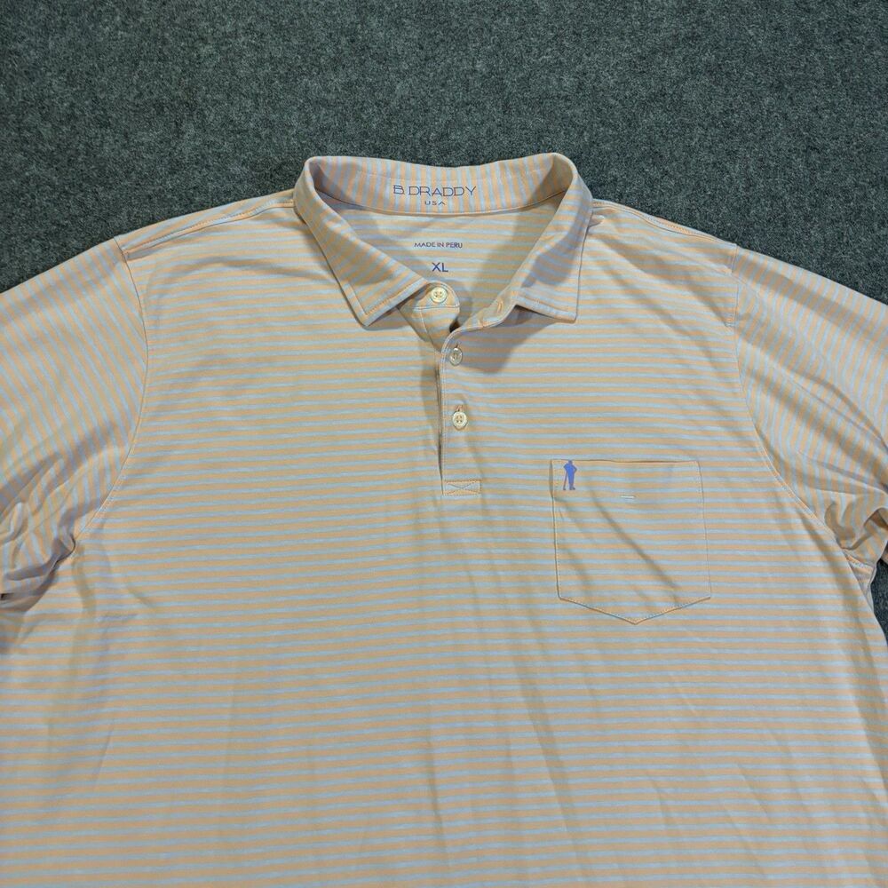 B. Draddy Golf Polo Shirt Mens XL Orange Blue Striped Pima Cotton Stretch